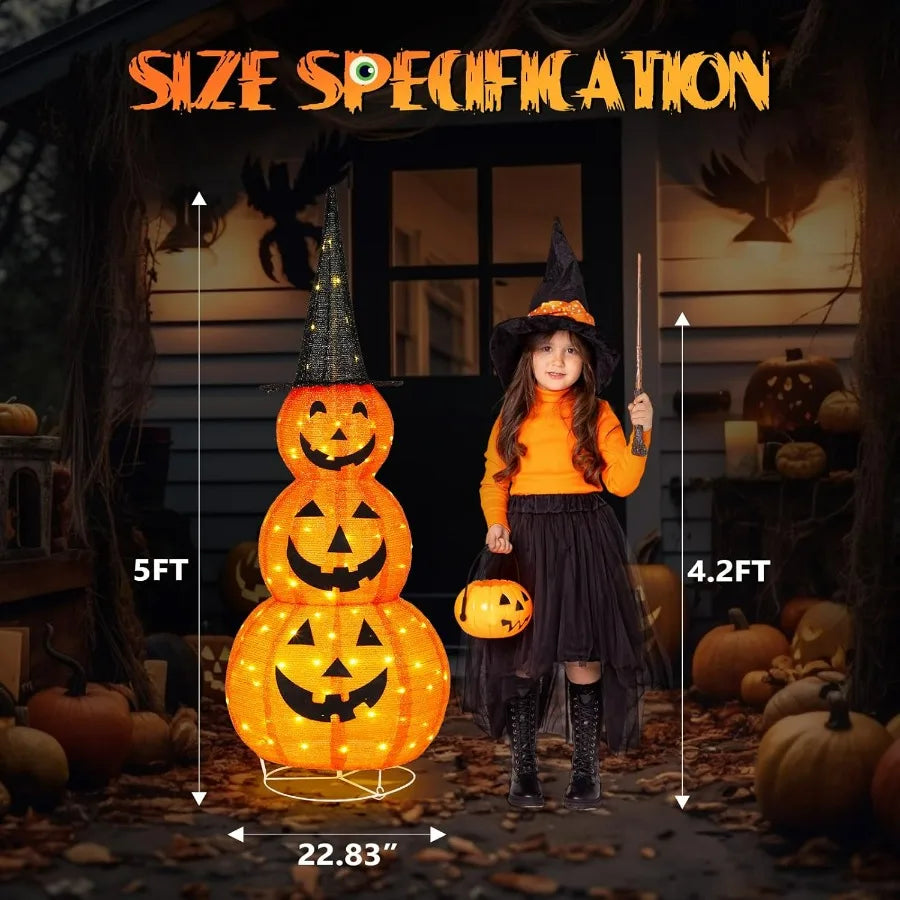 Halloween-themed scene with a child in a witch costume and pumpkin lights, with size specifications displayed.