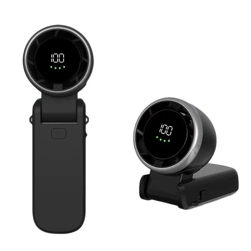 Two black electronic devices with digital displays on a white background