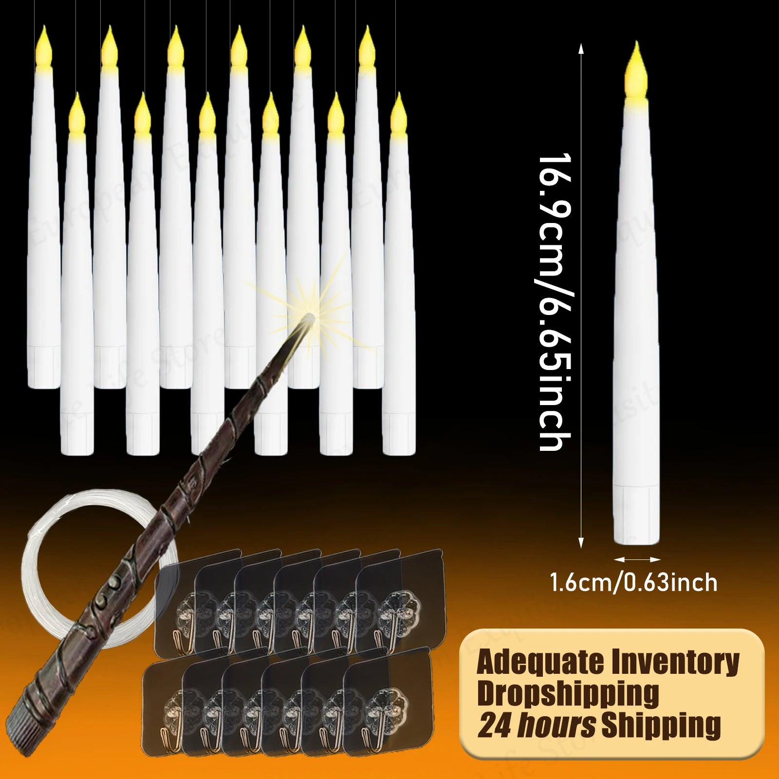 White LED candles with decorative keychains on a black background