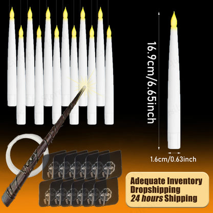 White LED candles with decorative keychains on a black background