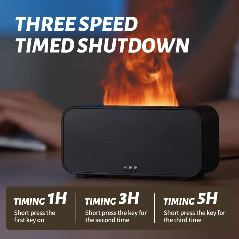 Black rectangular device with flame effect and text about three-speed timed shutdown on a blurred background.