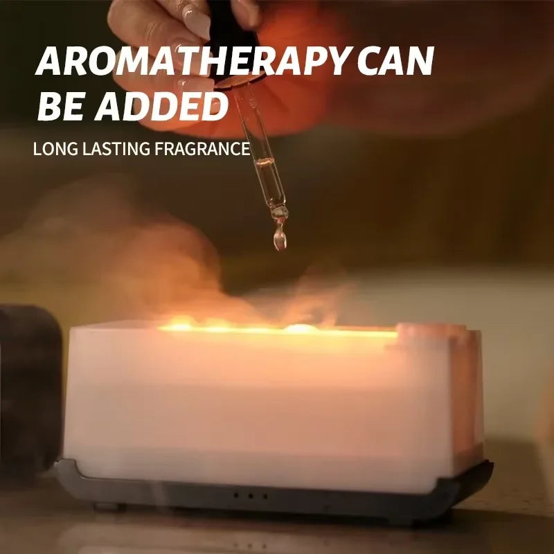 Aromatherapy diffuser with a hand adding essential oil, text overlay about aromatherapy benefits.