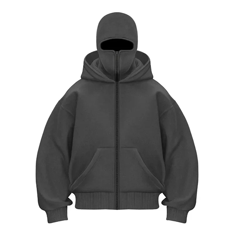 Dark gray hoodie with a zipper on a white background