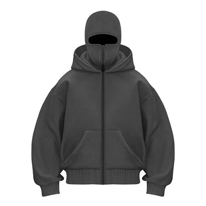 Dark gray hoodie with a zipper on a white background