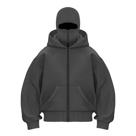 Dark gray hoodie with a zipper on a white background