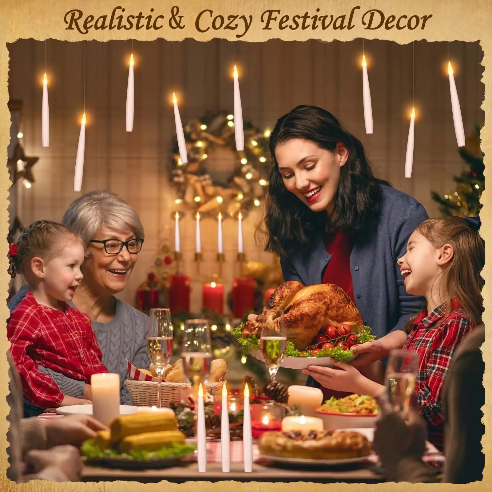 Family gathered around a festive dinner table with candles and Christmas decorations.