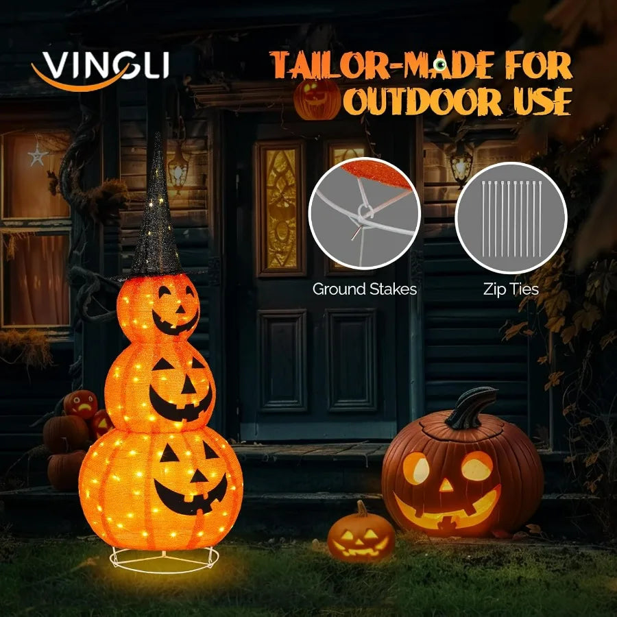 Halloween outdoor decoration with pumpkins and lights, featuring VINGLI branding.