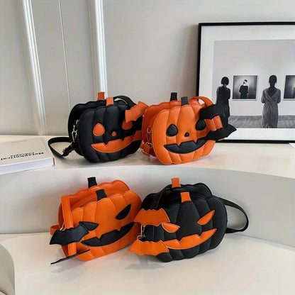 Four Halloween-themed pumpkin bags on a white surface with a framed black and white photo in the background.