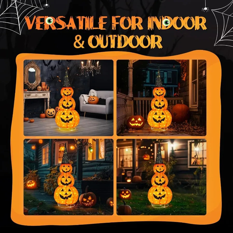 Halloween decorative lights stacked like pumpkins in various indoor and outdoor settings with text 'Versatile for Indoor & Outdoor'.