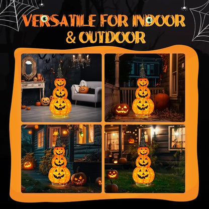 Halloween decorative lights stacked like pumpkins in various indoor and outdoor settings with text 'Versatile for Indoor & Outdoor'.