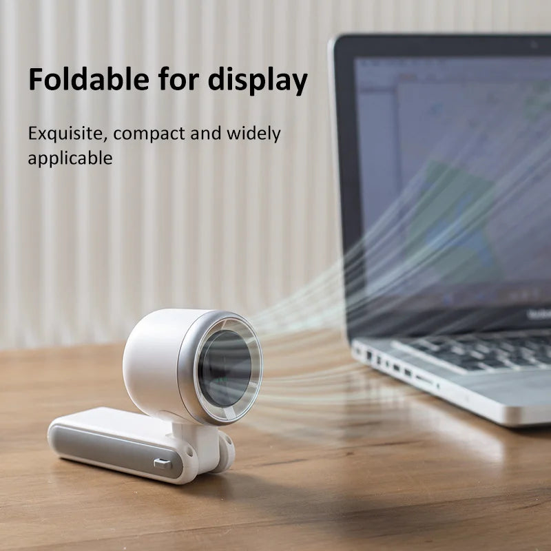 Foldable display device projecting onto a laptop screen with text 'Foldable for display' and 'Exquisite, compact and widely applicable'.