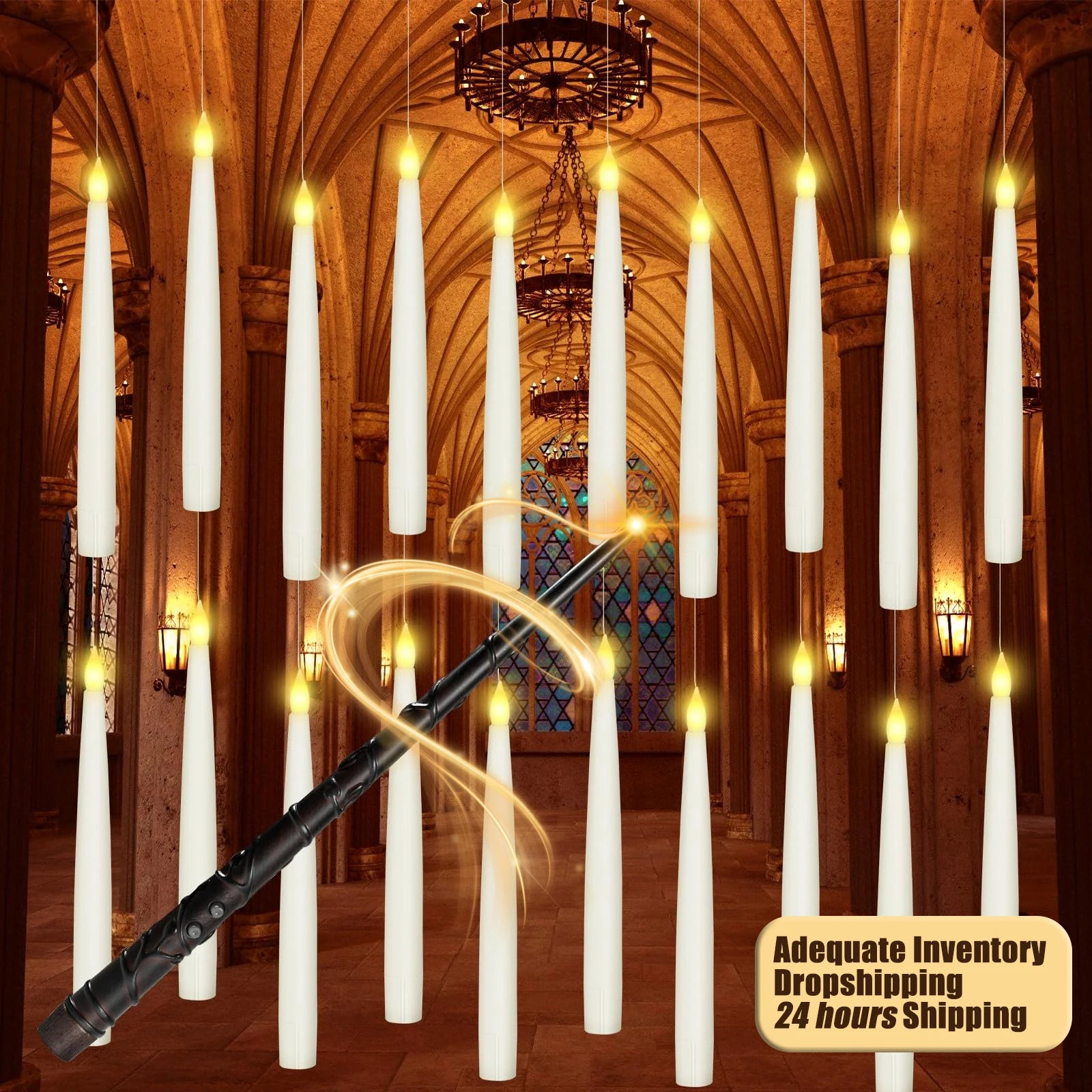 Electric candles with a wand in a cathedral setting, with text about inventory and shipping.