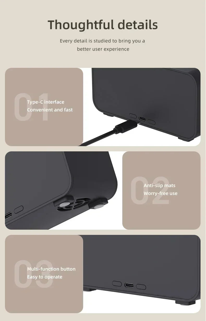 Product features with text highlighting thoughtful details for user experience.