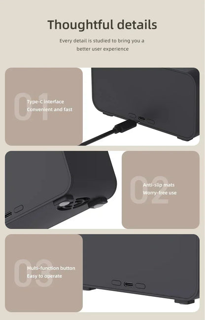 Product features with text highlighting thoughtful details for user experience.