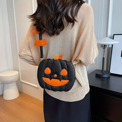 Person wearing a Halloween-themed black and orange pumpkin bag indoors.
