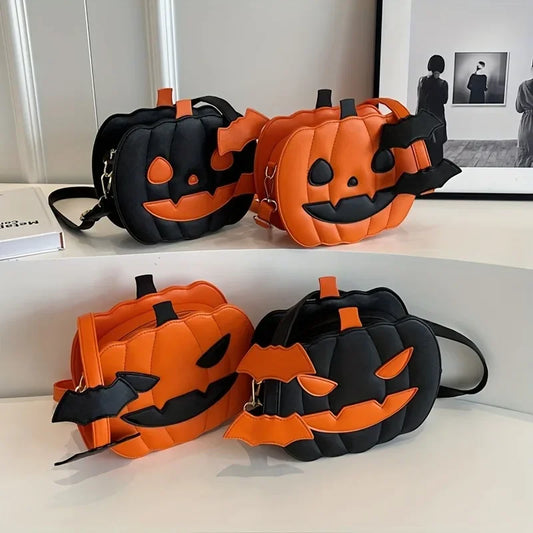 Four Halloween-themed pumpkin bags on a shelf.