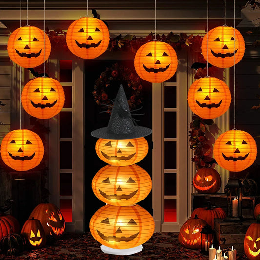 Halloween-themed decorations with glowing jack-o'-lantern lanterns and a witch hat.