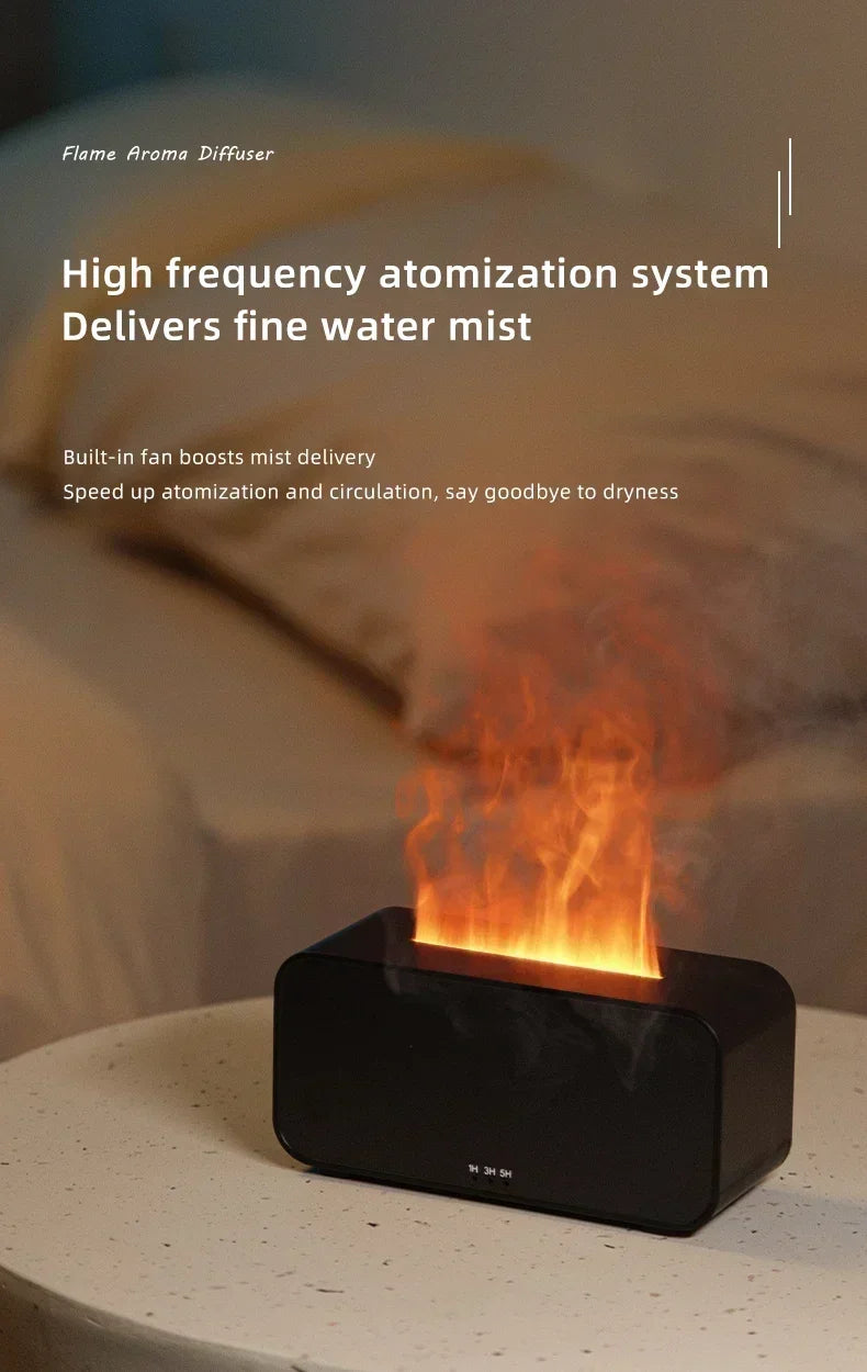 Flame aroma diffuser with text about high frequency atomization system on a blurred background