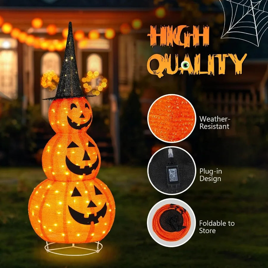 Halloween-themed decorative light with pumpkins and a witch hat, featuring weather-resistant, plug-in design, and foldable storage.