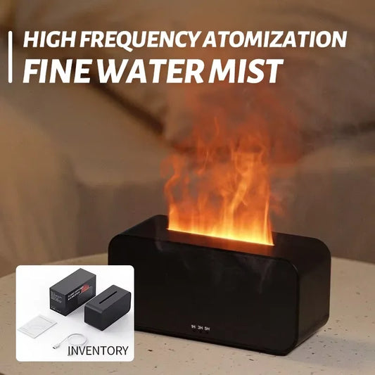 Black device emitting a fine water mist with flames, promotional text, and inventory icons.