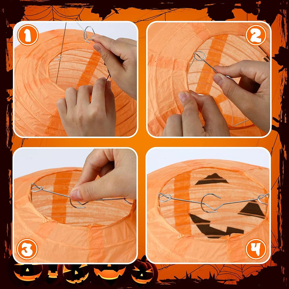 Step-by-step tutorial on creating a Halloween-themed decoration using wire and paper.