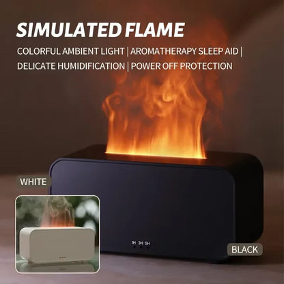 Simulated flame device with text highlighting features on a blurred background
