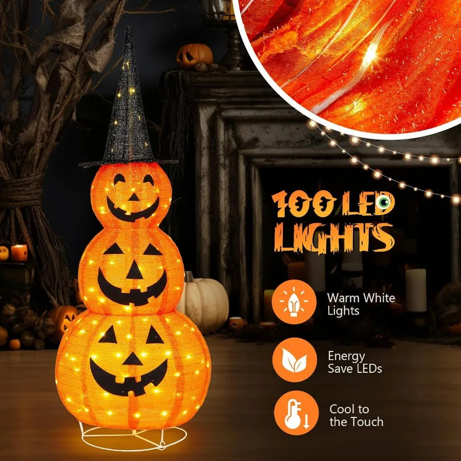 Halloween-themed decorative light with stacked jack-o'-lantern designs, warm white LED lights, and energy-saving LEDs.